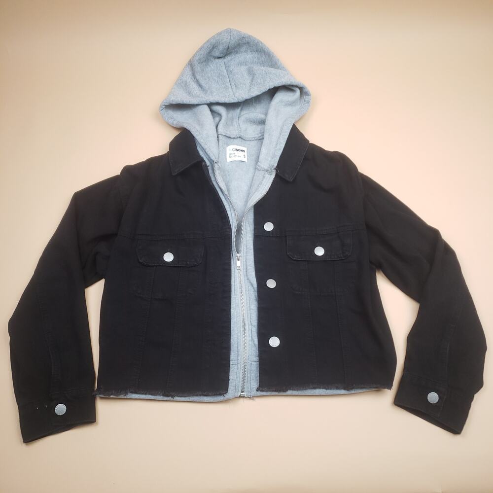 Ci Sono Denim Collection Hooded Denim Jacket Black Cropped Womens Small Zip Up